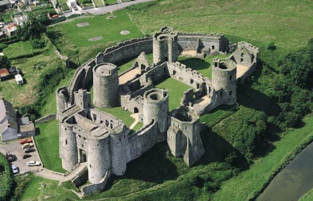 Overhead photograph of Kidwelly Castle in Carmarthenshire, highlighting the region’s cultural heritage and its importance to Wales’ identity and tourism.
